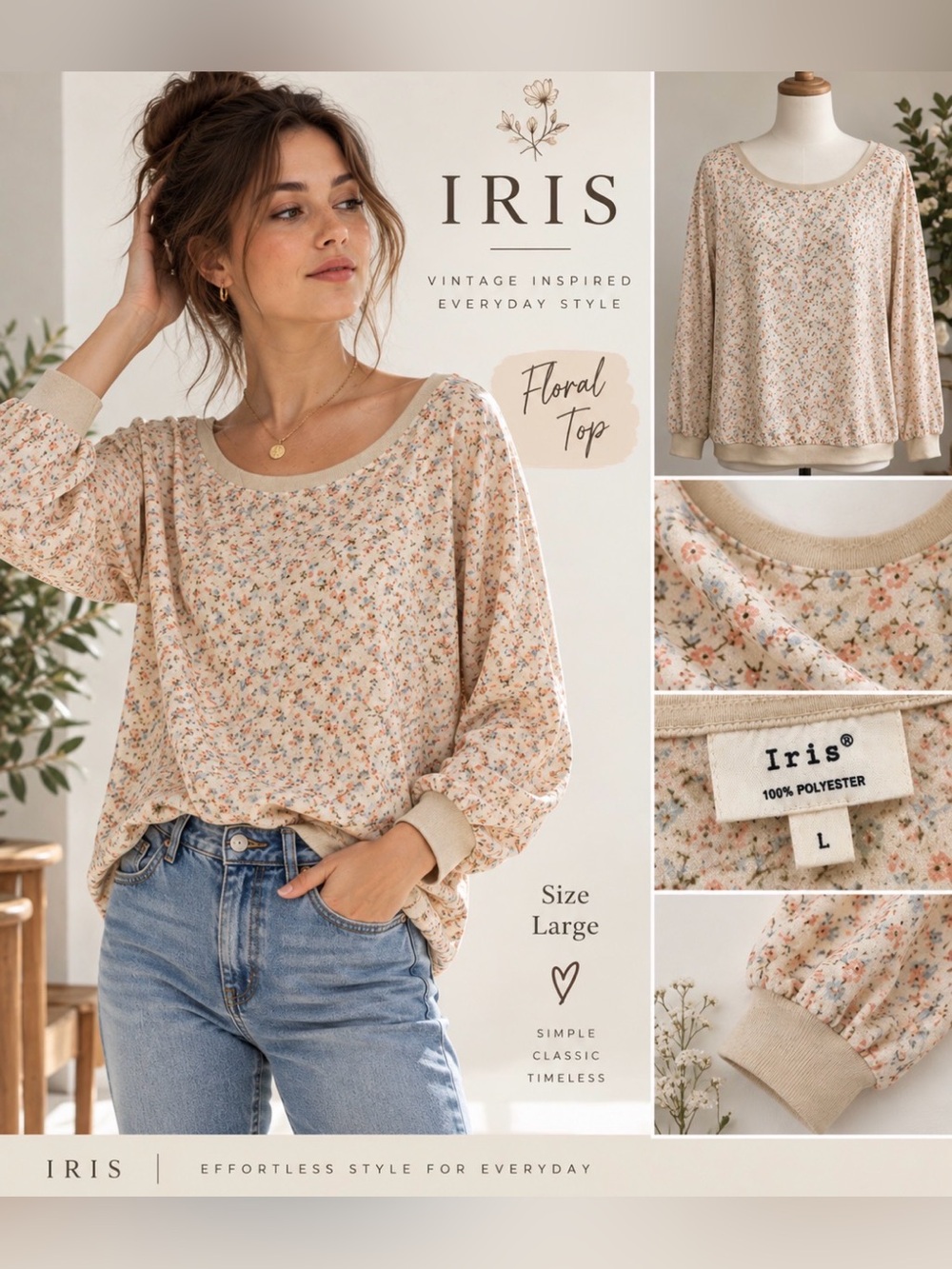 iris - Cream Ditzy -Floral semi sheer Scoopneck shirt- Large
